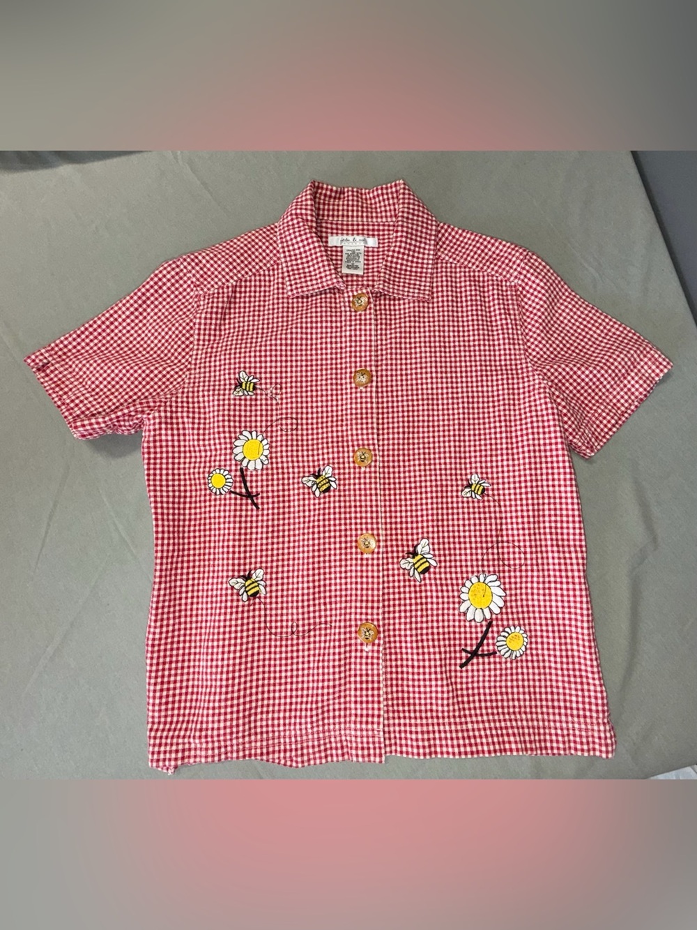 Vintage Short-Sleeve Gingham Shirt with Daisy & Bee Embroidery Linen & Cotton